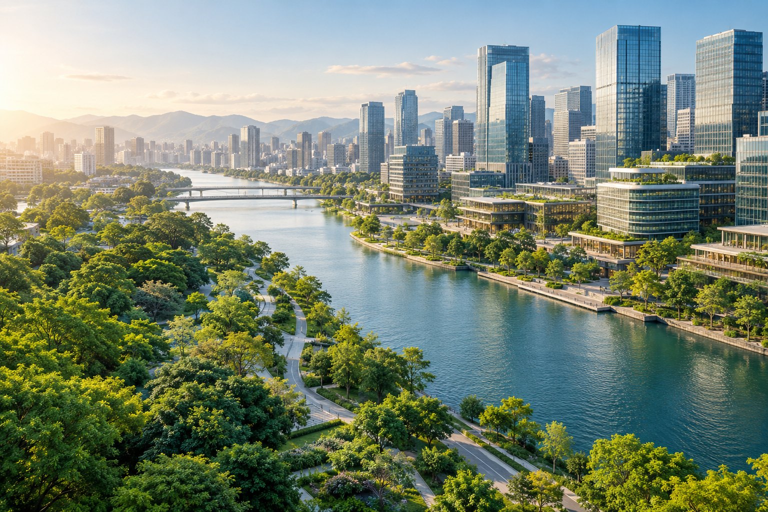 緑と水辺が広がる、未来の街をイメージした風景